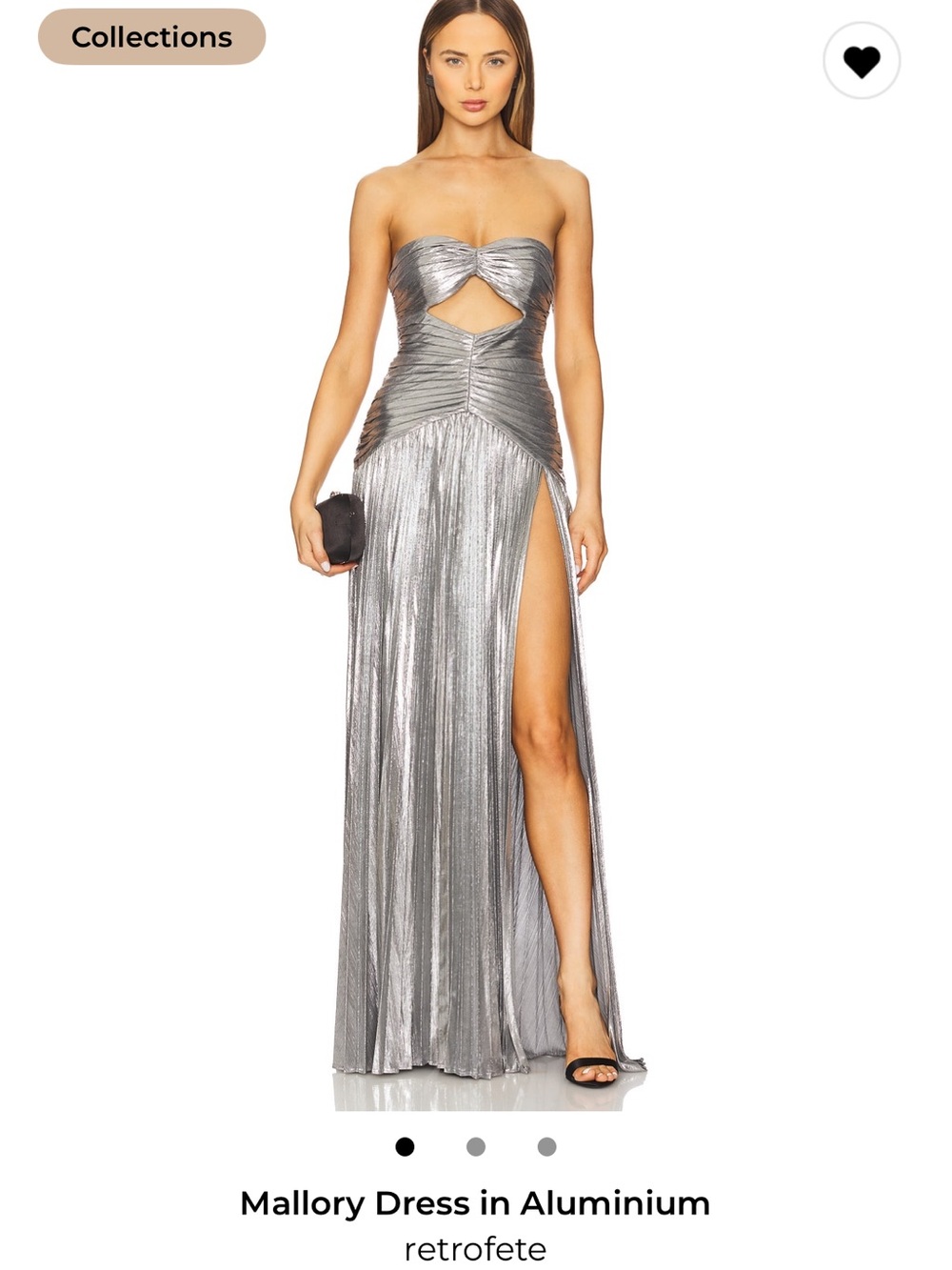 Retrofete Silver Strapless Metallic Maxi Gown with Cutout